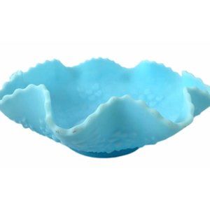 Fenton Bowl Blue Satin Cherry Chain and Orange Tree Vintage Art Glass 10" x 3"